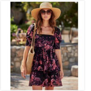 ALICE OLIVIA Emmalou Dress 8 Boho Black Floral Tiered Mini Puff Milkmaid